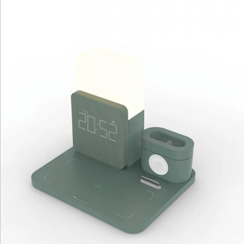 3-in-1 Qi wireless charging stand with folding design in dark green colour charging phone, AirPods, and Apple Watch