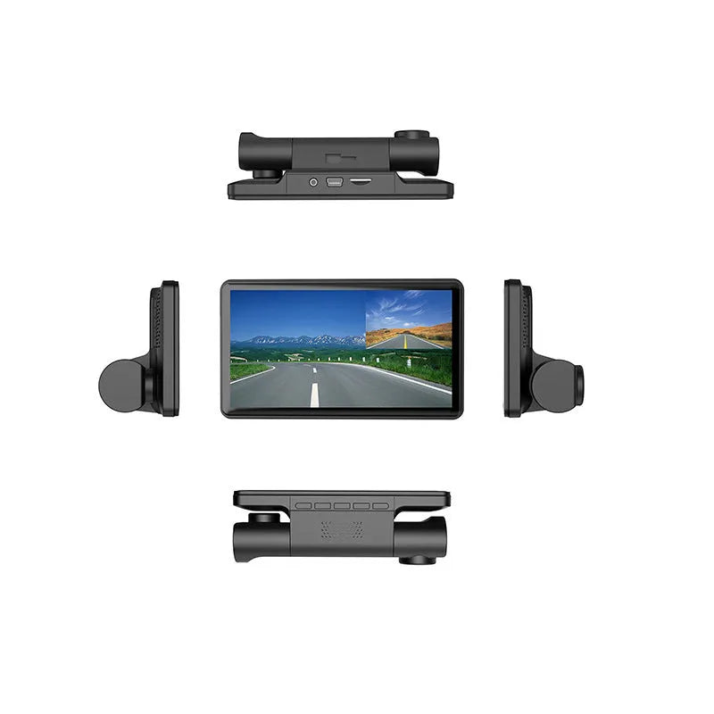 Black three lens dashcam with 4 inch touch screen for front and rear vehicle recording