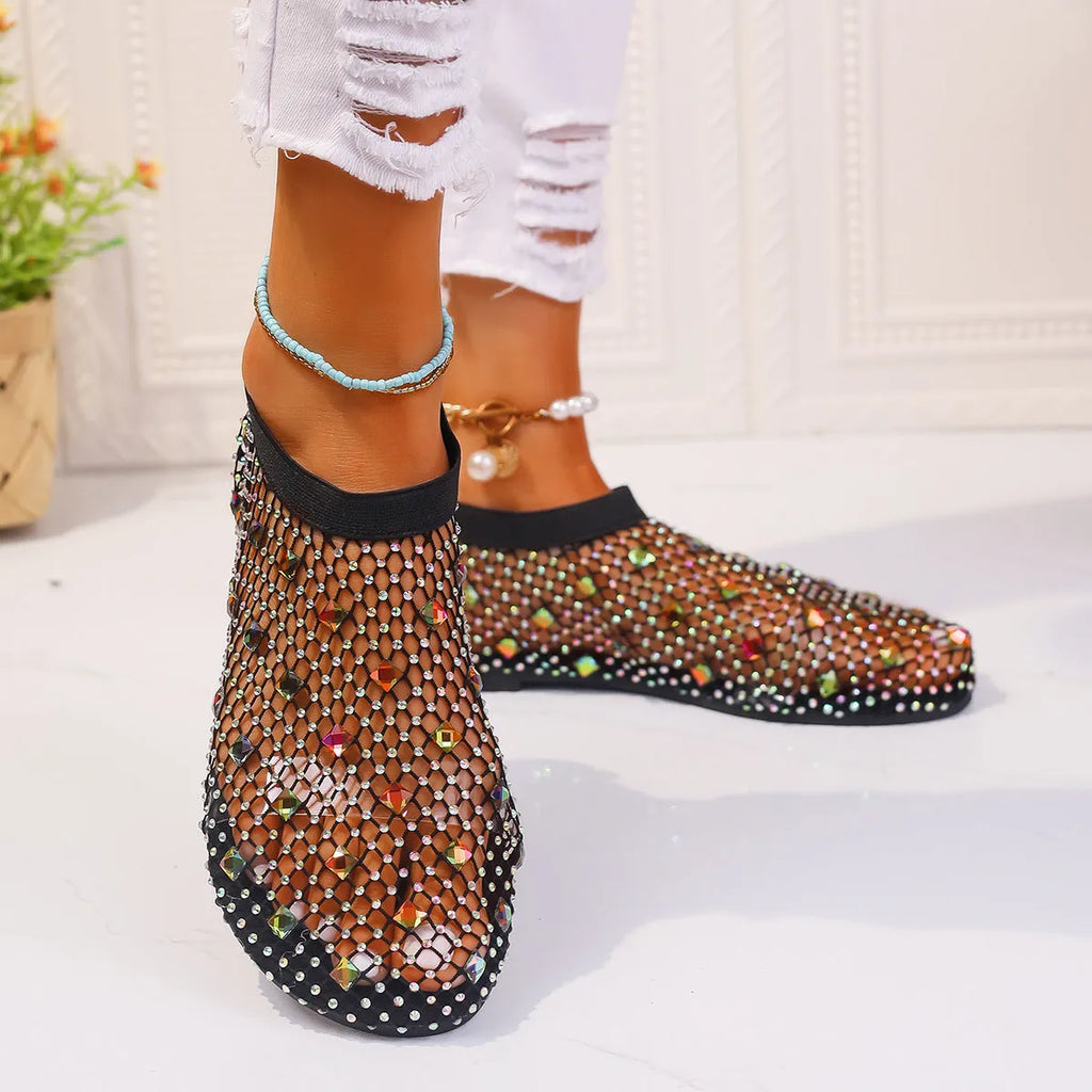 Women's colourful mesh flat sandals with rhinestone decoration and rubber sole
