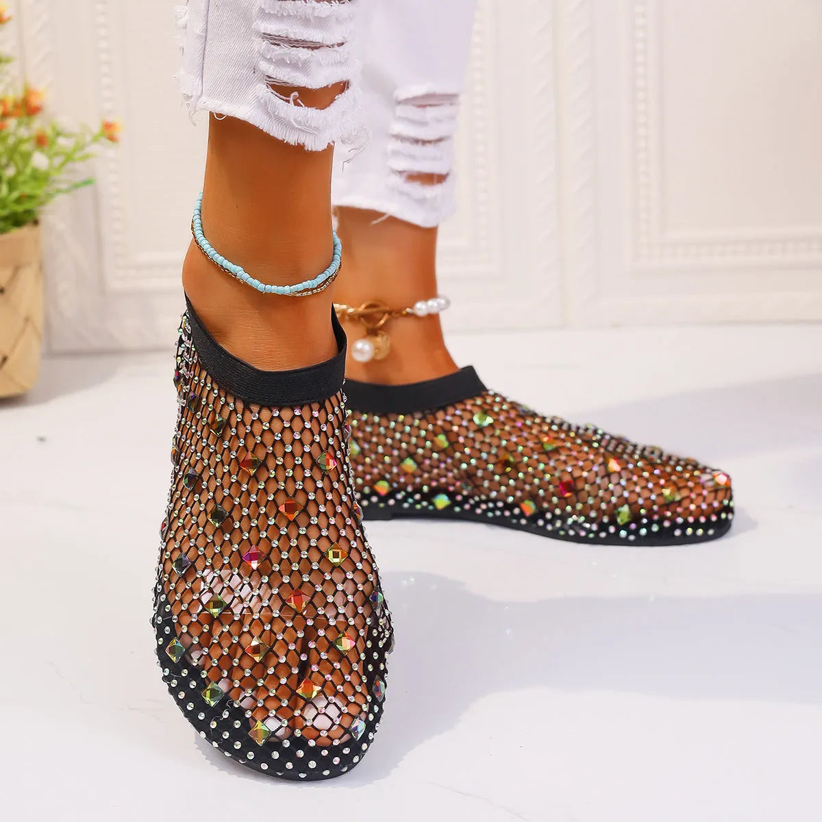 Women's colourful mesh flat sandals with rhinestone decoration and rubber sole