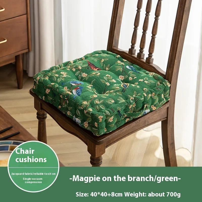 American-style square seat cushion in apricot colour with floral pattern, showing 8cm thickness.