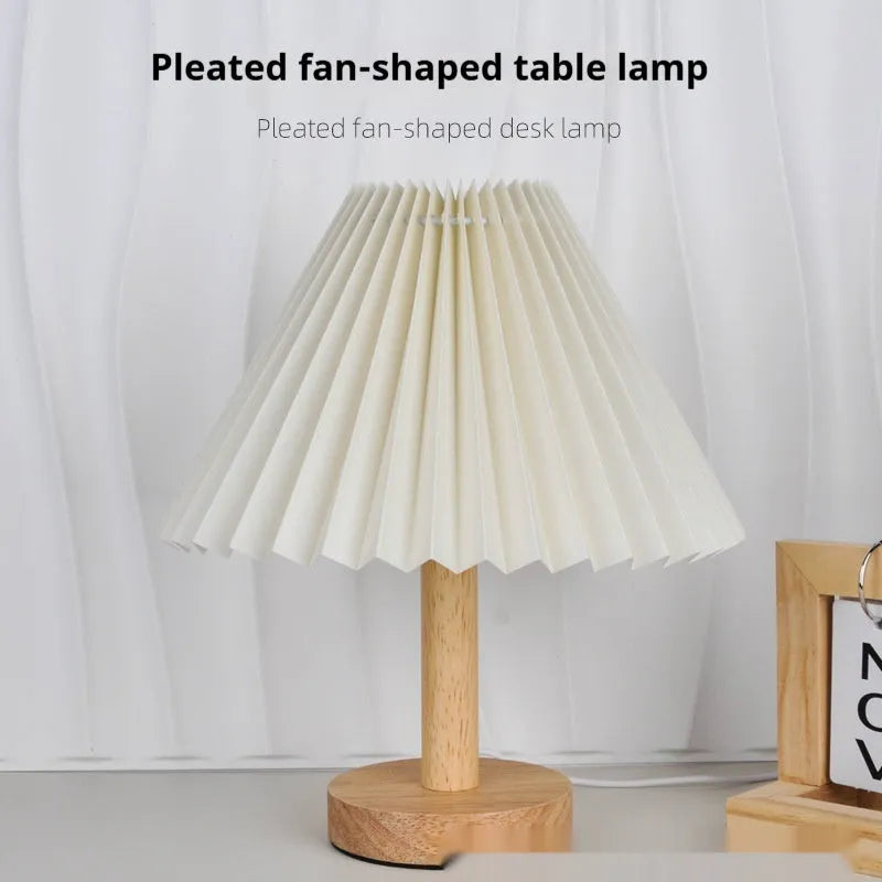 Vintage pleated umbrella shaped remote control bedside lamp in pure white colour with USB power cable