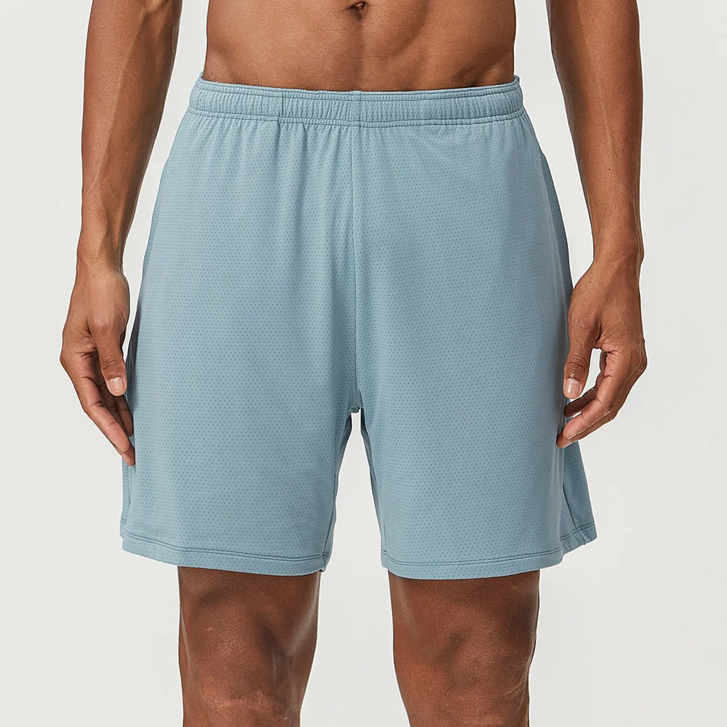 Men's sky green quick-dry running shorts with a double-layer design and mid-waist fit.