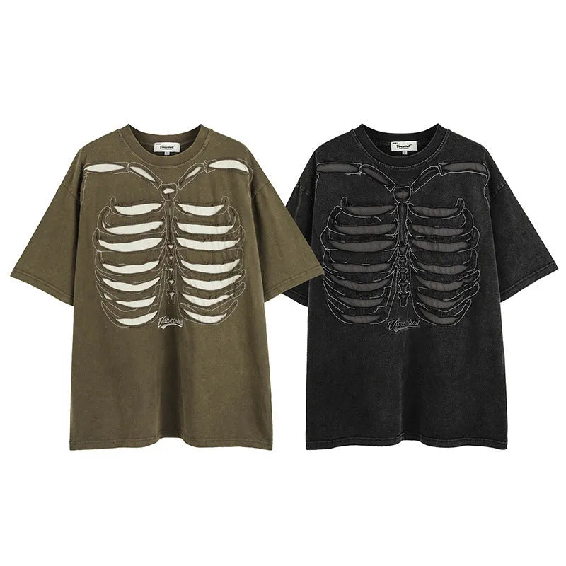 Brown loose-fit men's t-shirt with a skull and letter graphic print and drop-shoulder sleeves.