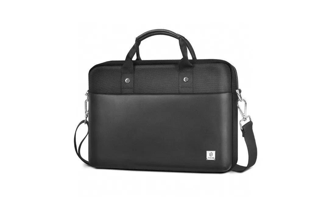 Black Oxford cloth laptop backpack with multiple organisational pockets and a lock, shown with a laptop.