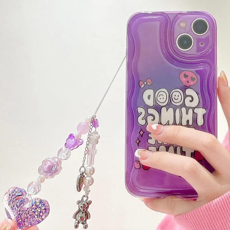 Purple English graffiti love pendant iPhone case with integrated bracelet chain