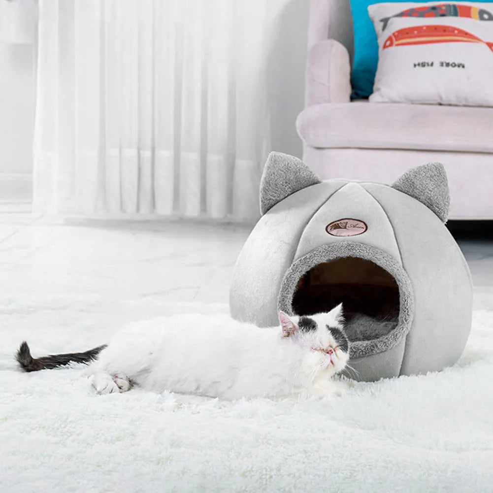 Large beige fully enclosed cat sofa winter nest with warm lining
