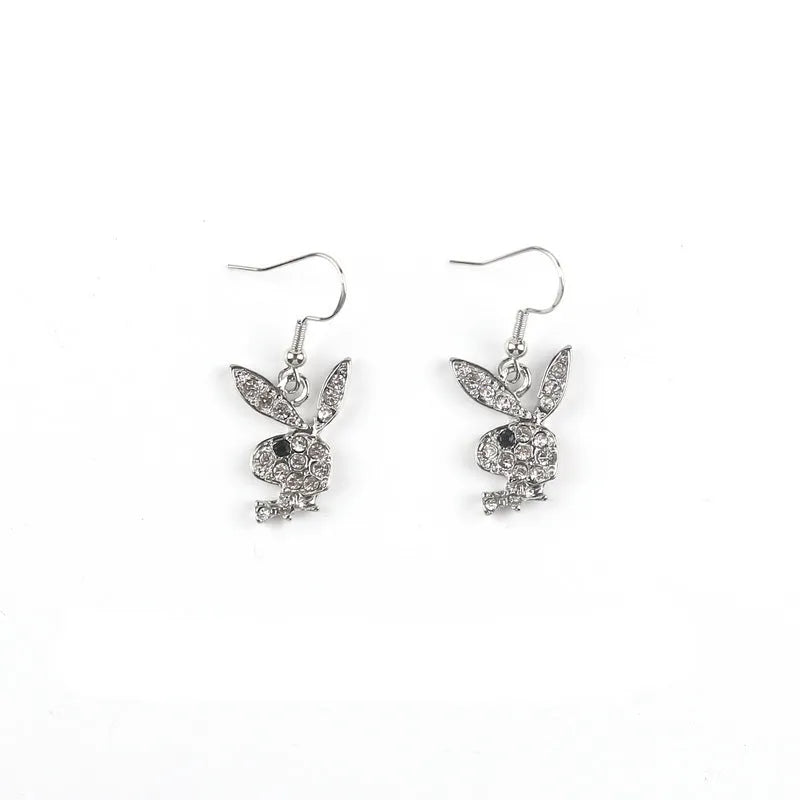 Rabbit stud earrings with full diamond design in silver, gold, or pink colour