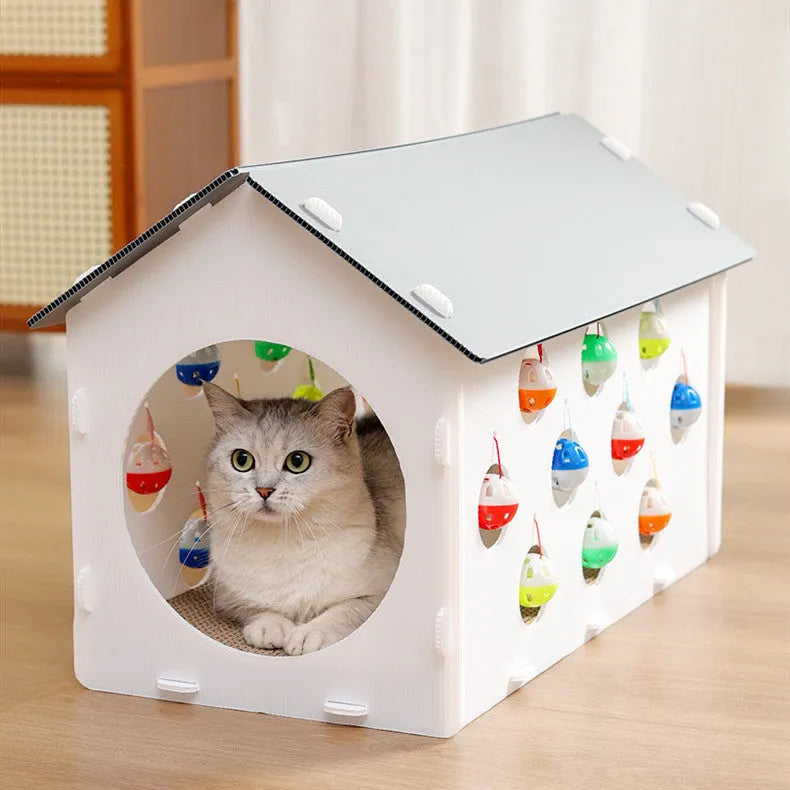 Plastic cat scratch board integrated with cat nest and bell ball tunnel toy