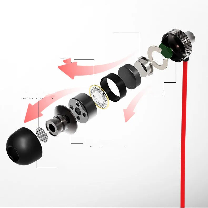 Auricular Metal Fever Heavy Bass Copper In-Ear Headphones in gold, silver, black, and red/black colours with braided cable.