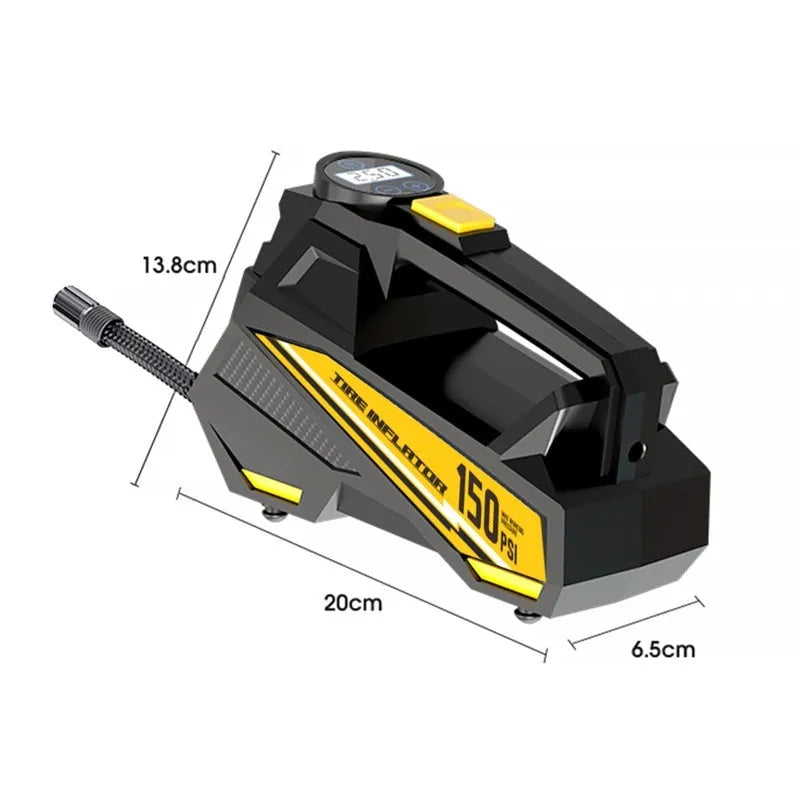 Black portable car tyre inflator with digital display and 12V connection cable