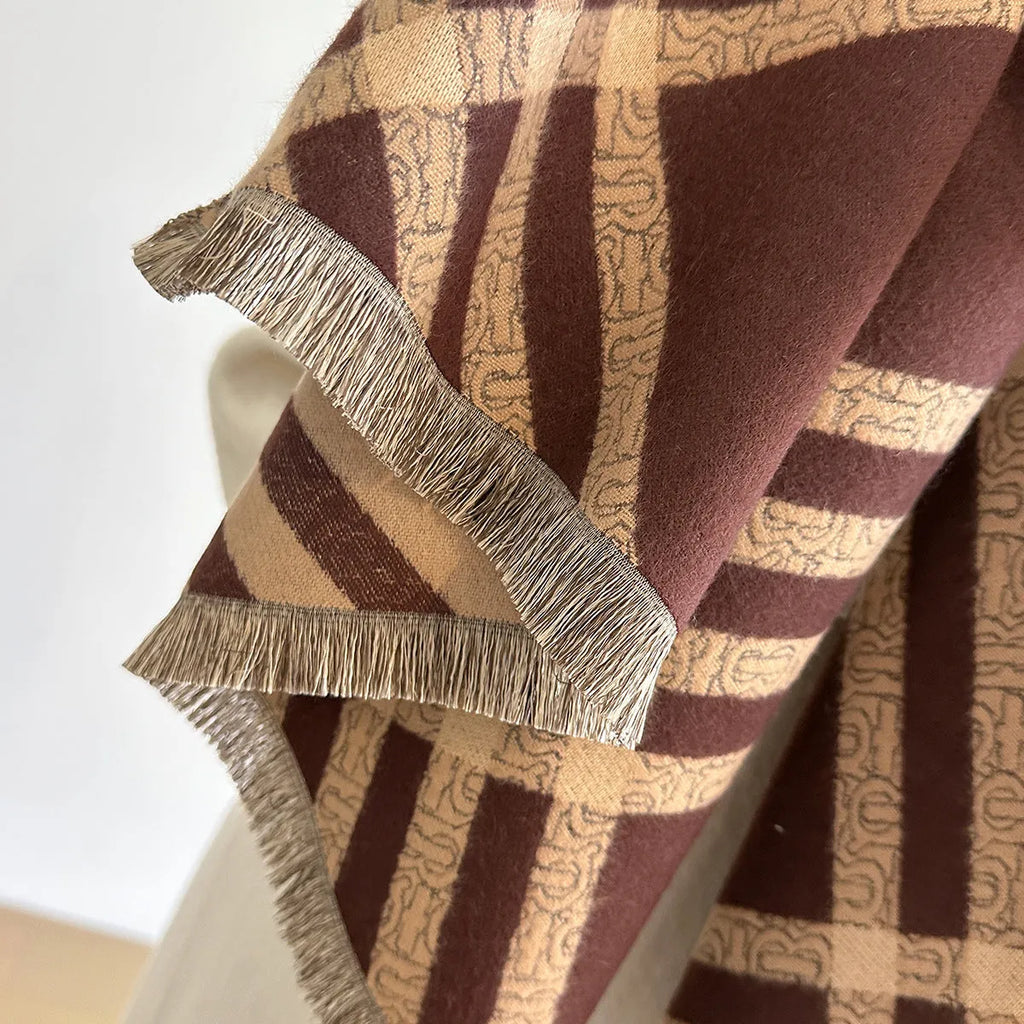 Cashmere-like scarf with tassel trim in brown colour showing 185cm length