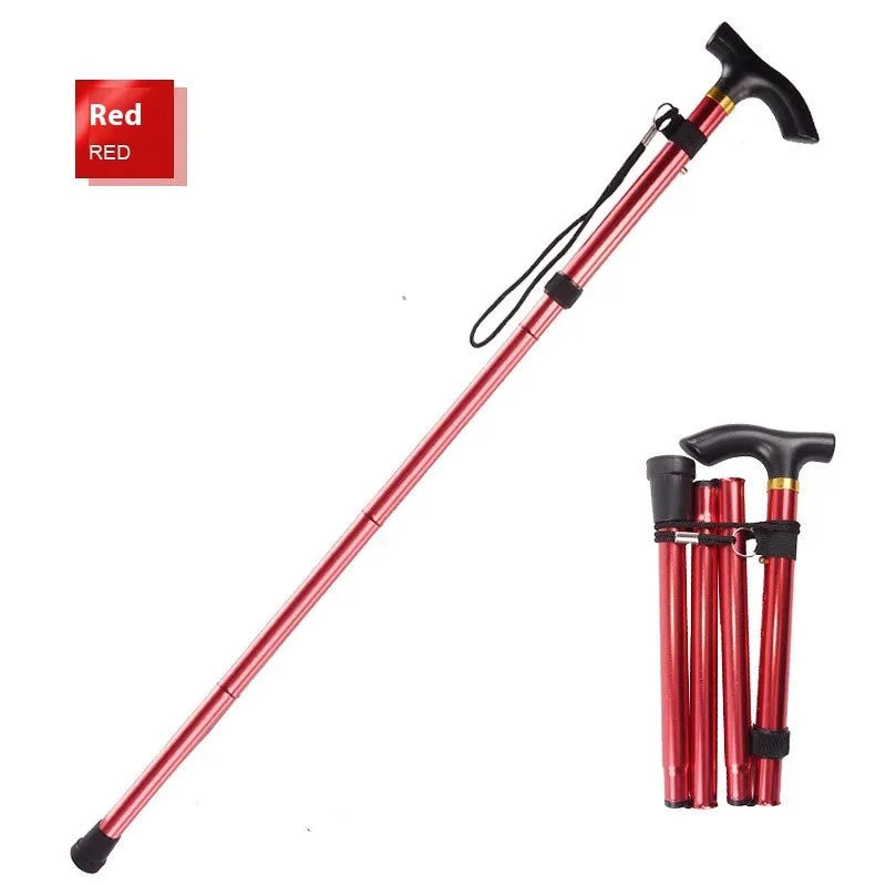 Aluminium folding walking stick extended to show adjustable height with rubber handle