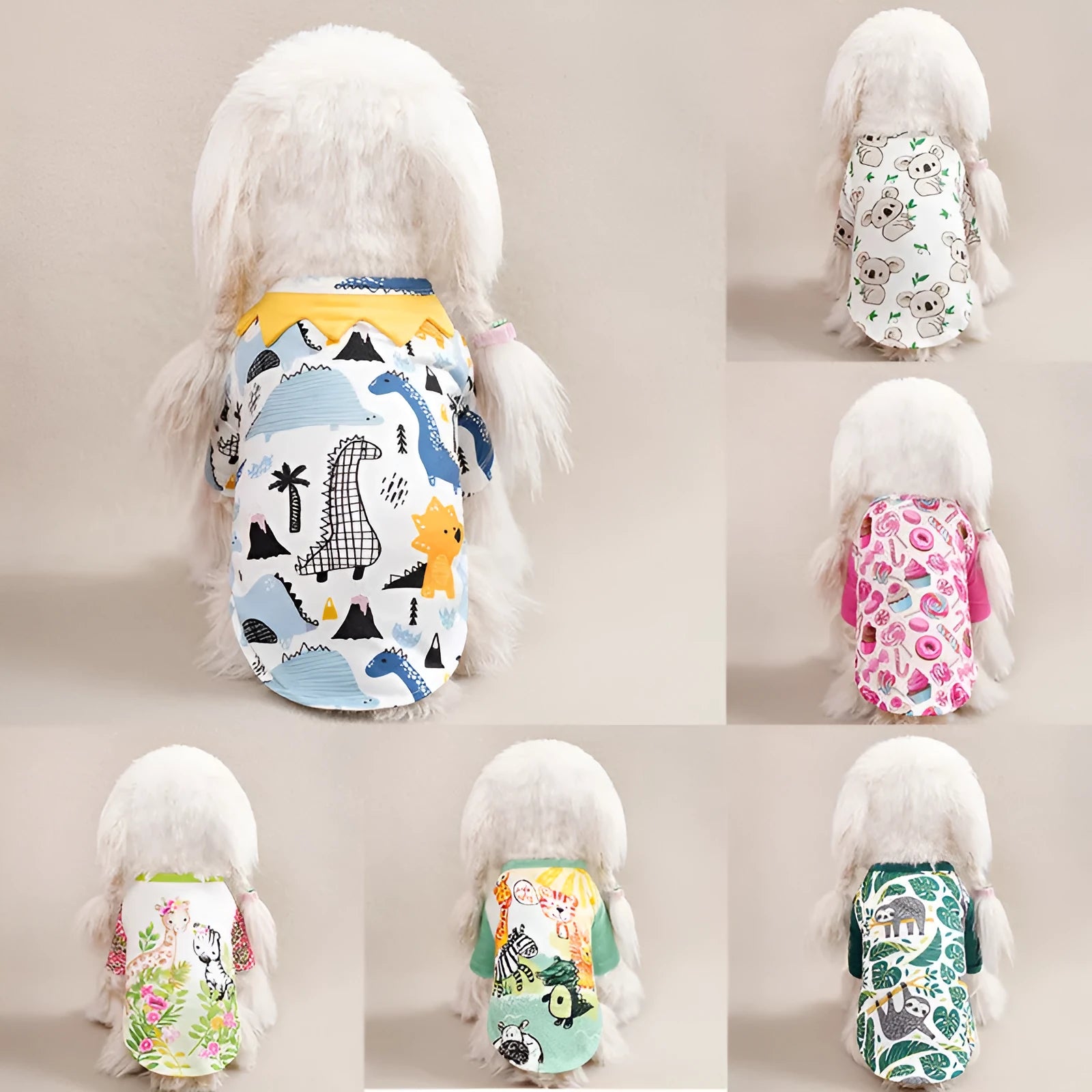 Printed full-body dog t-shirt for a small breed dog, shown in a casual setting.