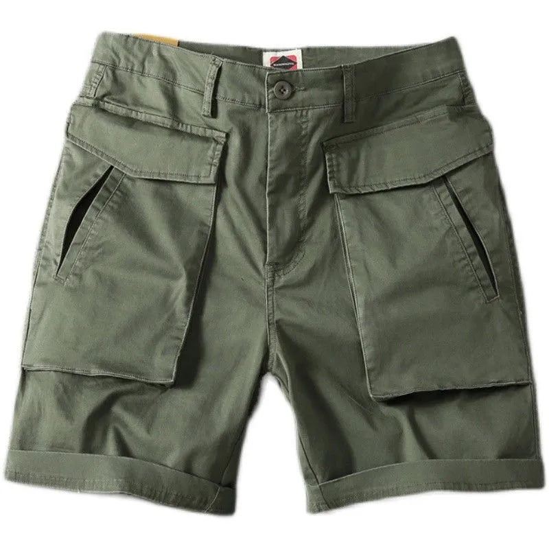 Men's straight cut cotton cargo shorts in army green with multiple pockets