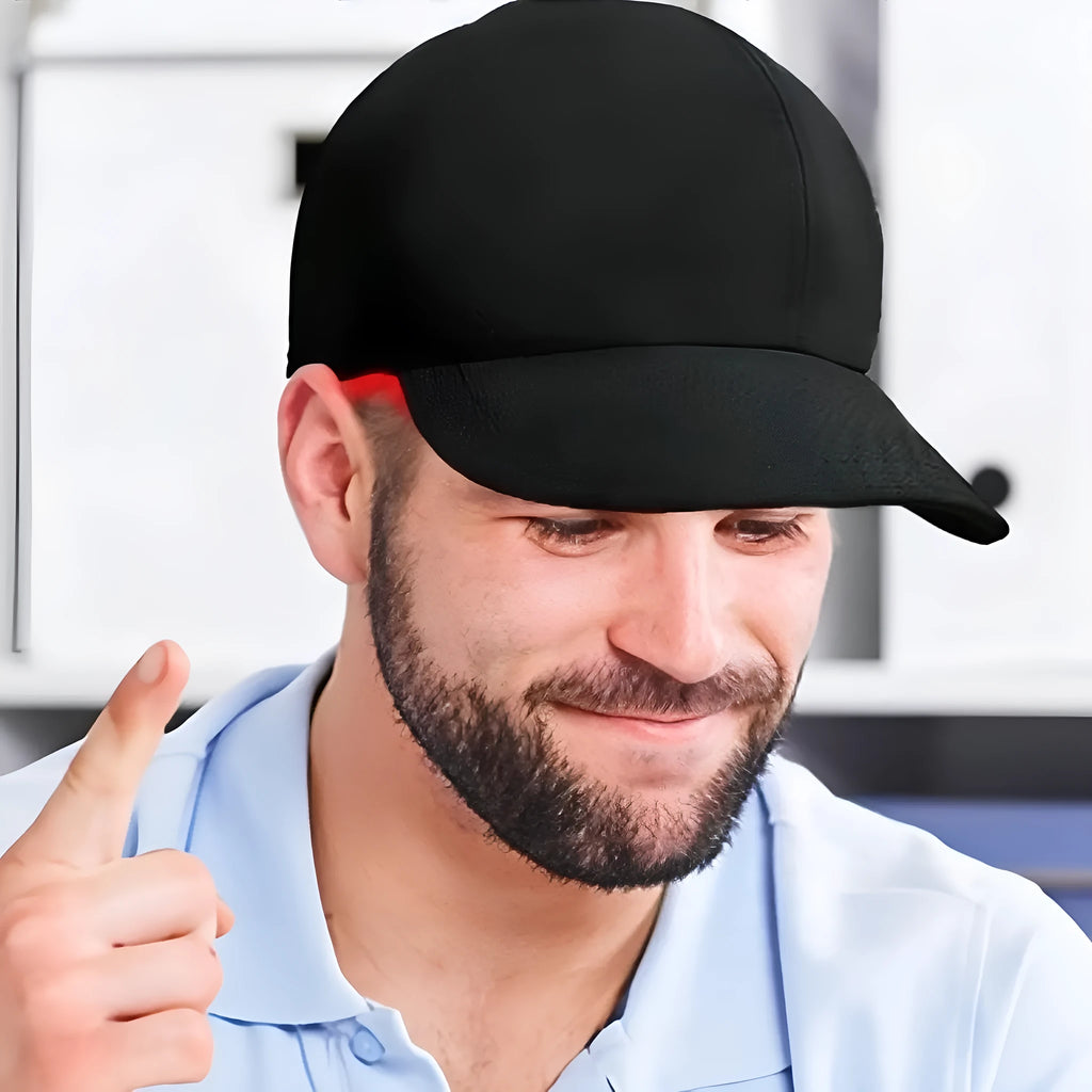 Black infrared peaked cap for hair growth treatment with 180 red LEDs and gear controller