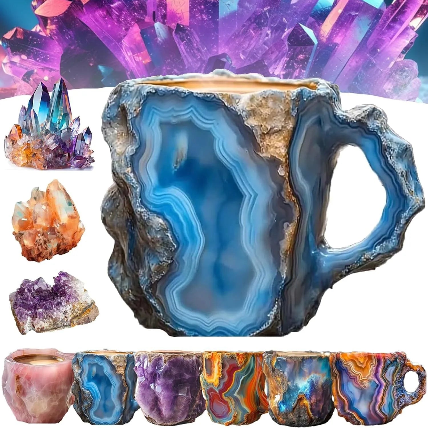 Purple resin mineral crystal coffee mug with handle showing 3D texture and 10cm height