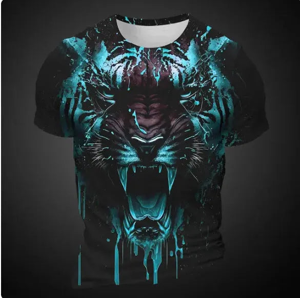 Close-up of a men's grey T-shirt featuring a detailed 3D digital print of a tiger's face on the chest.