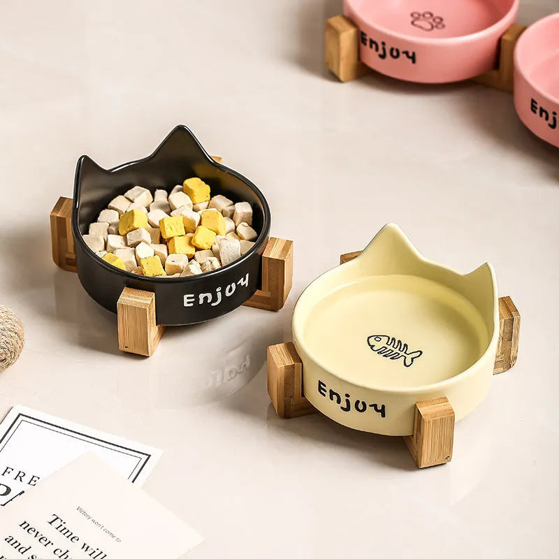 Porcelain cat bowl set with wooden frame in cat paw design