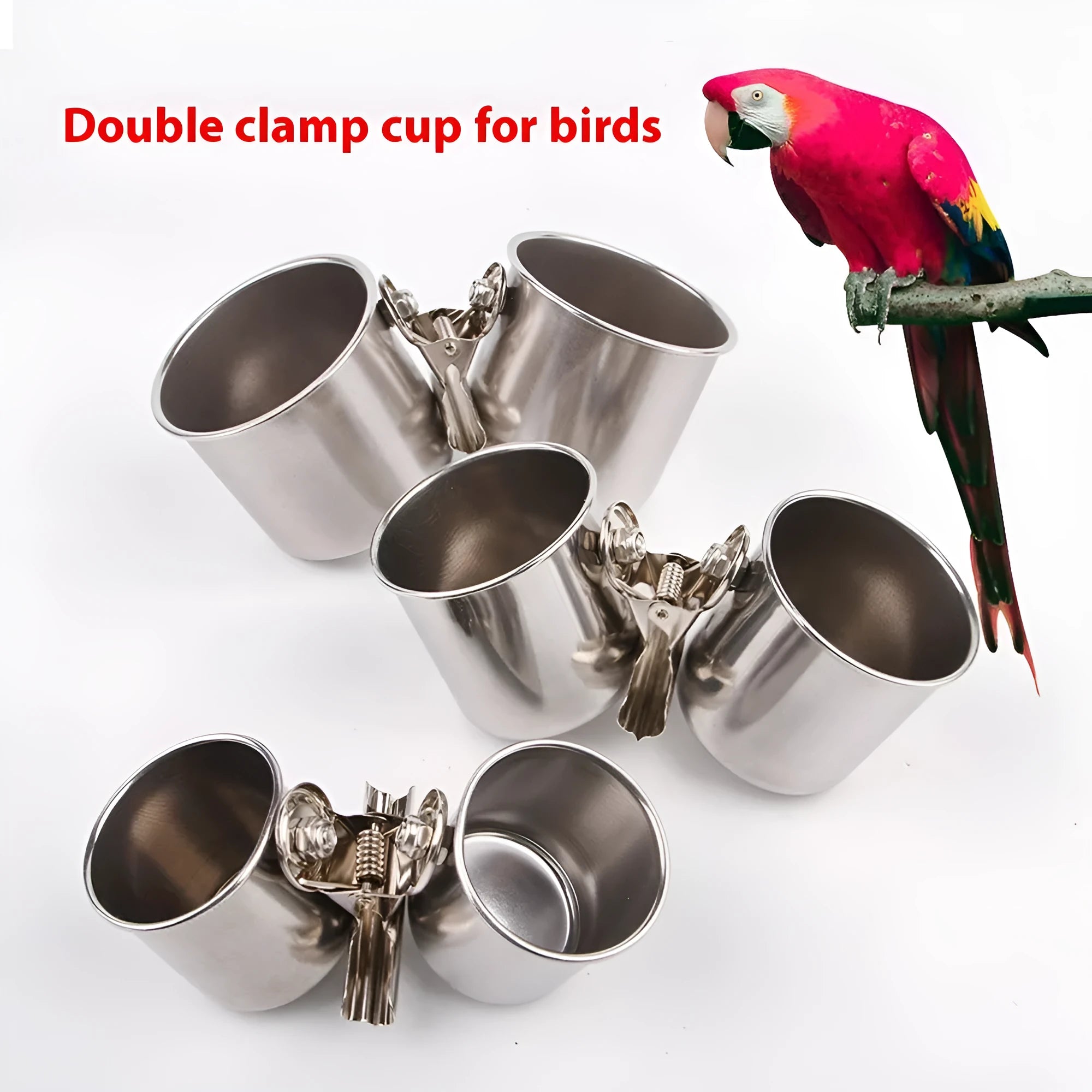 Stainless steel outdoor bird feeder for cages, shown in natural metallic finish.