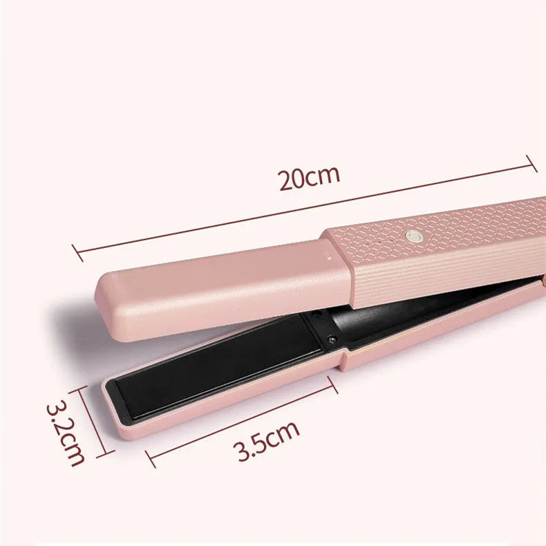 Pink cordless USB hair straightener with ceramic plates on a white background.