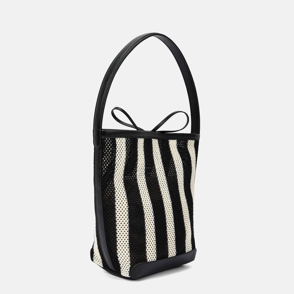 Black and white stripes woven fabric women's shoulder bag with bucket shape