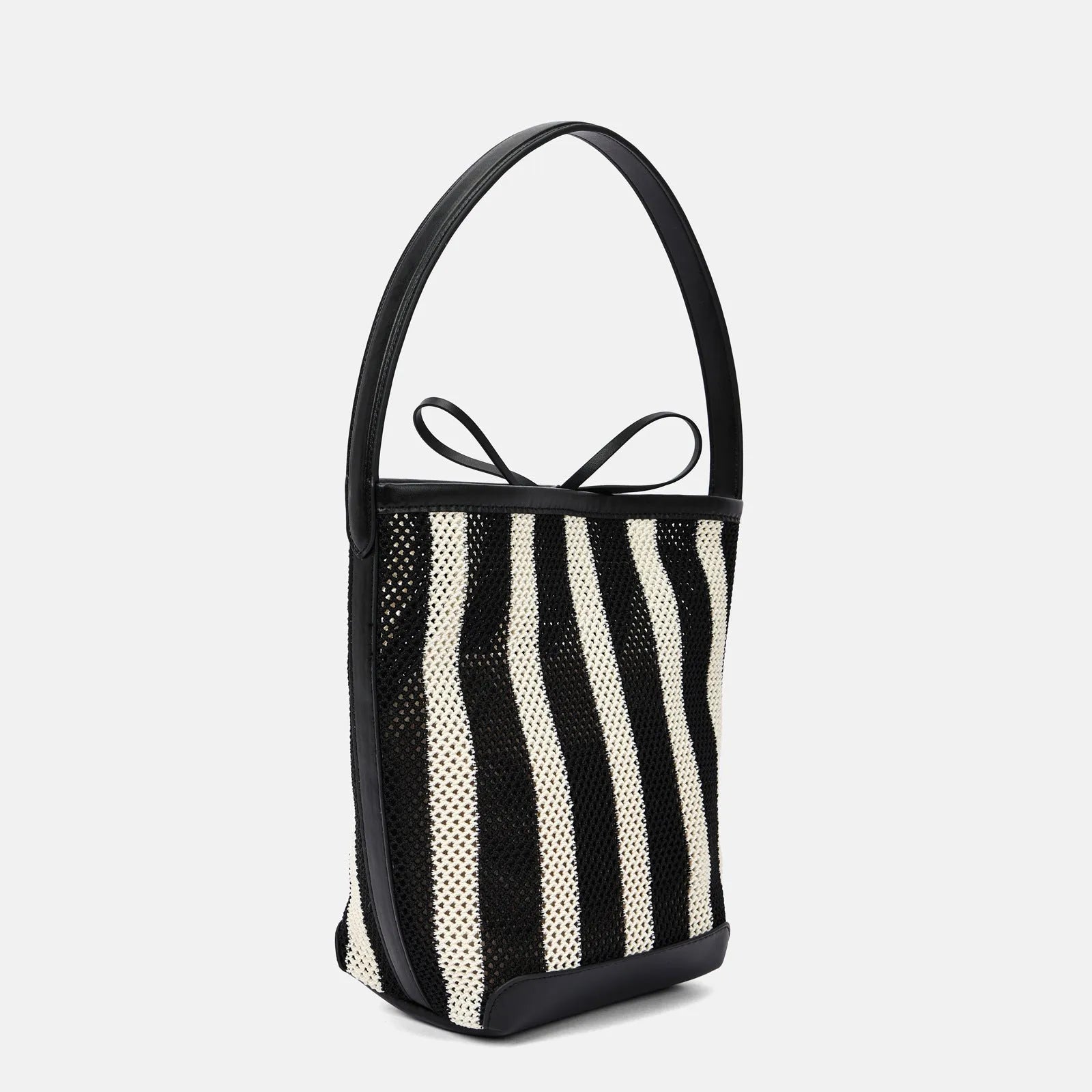 Black and white stripes woven fabric women's shoulder bag with bucket shape