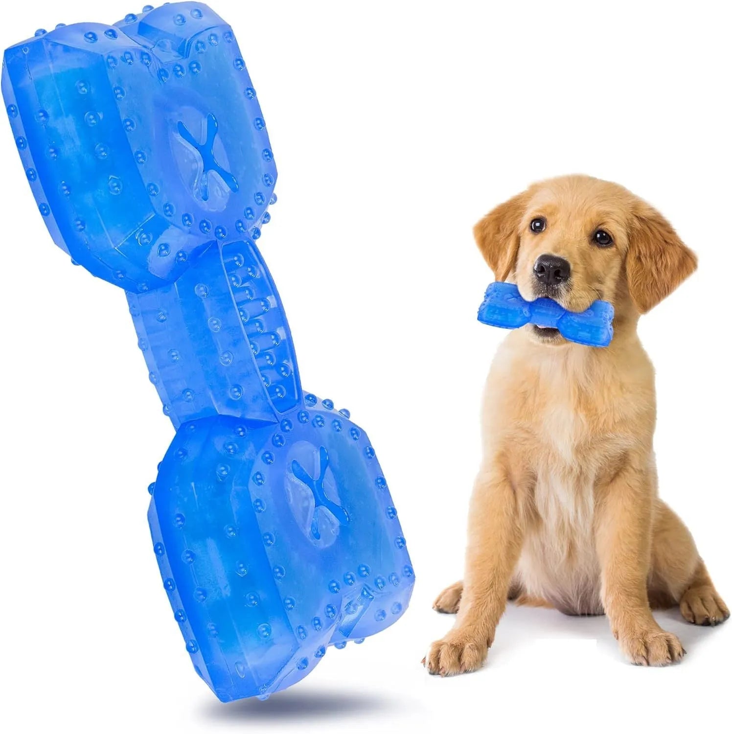 Freezable plastic bone and circle shaped dog chew toys for teething puppies.