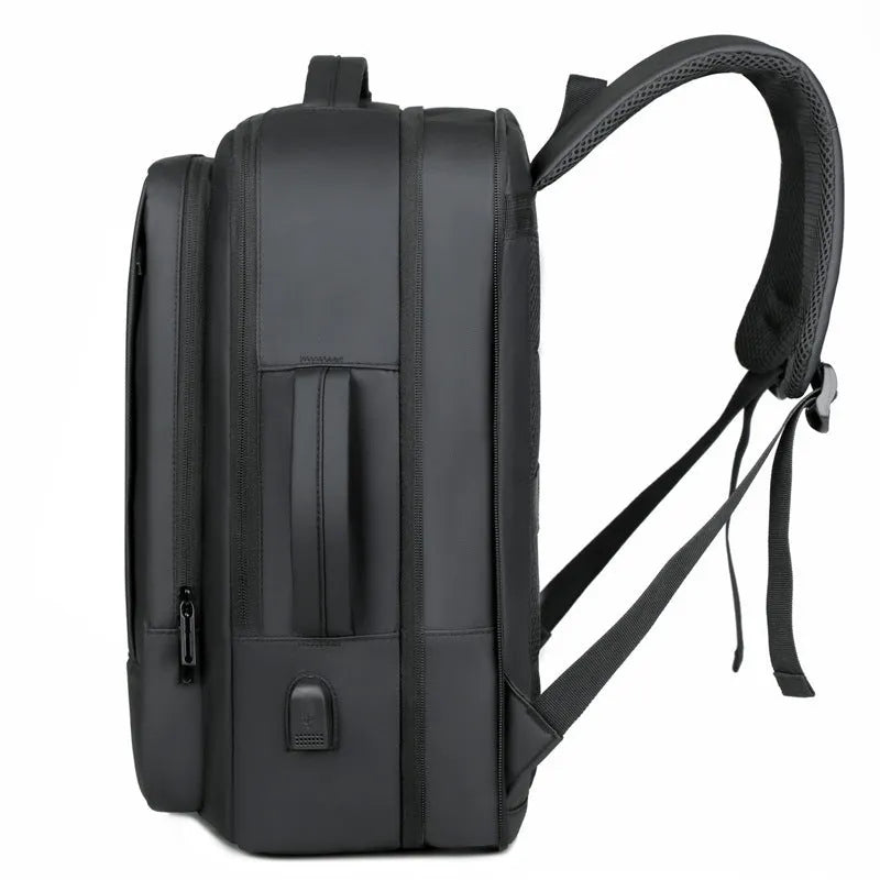 Waterproof Oxford cloth backpack in black with curved shoulder straps and business styling