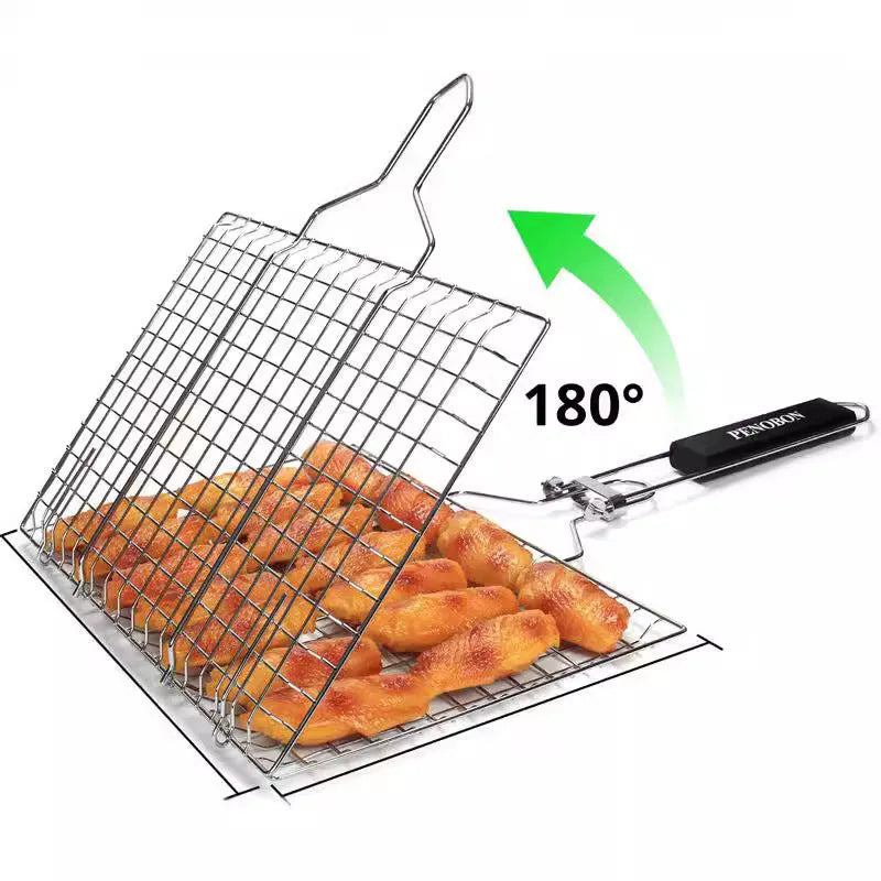 Square stainless steel folding barbecue mesh basket with a cleaning brush on a grill