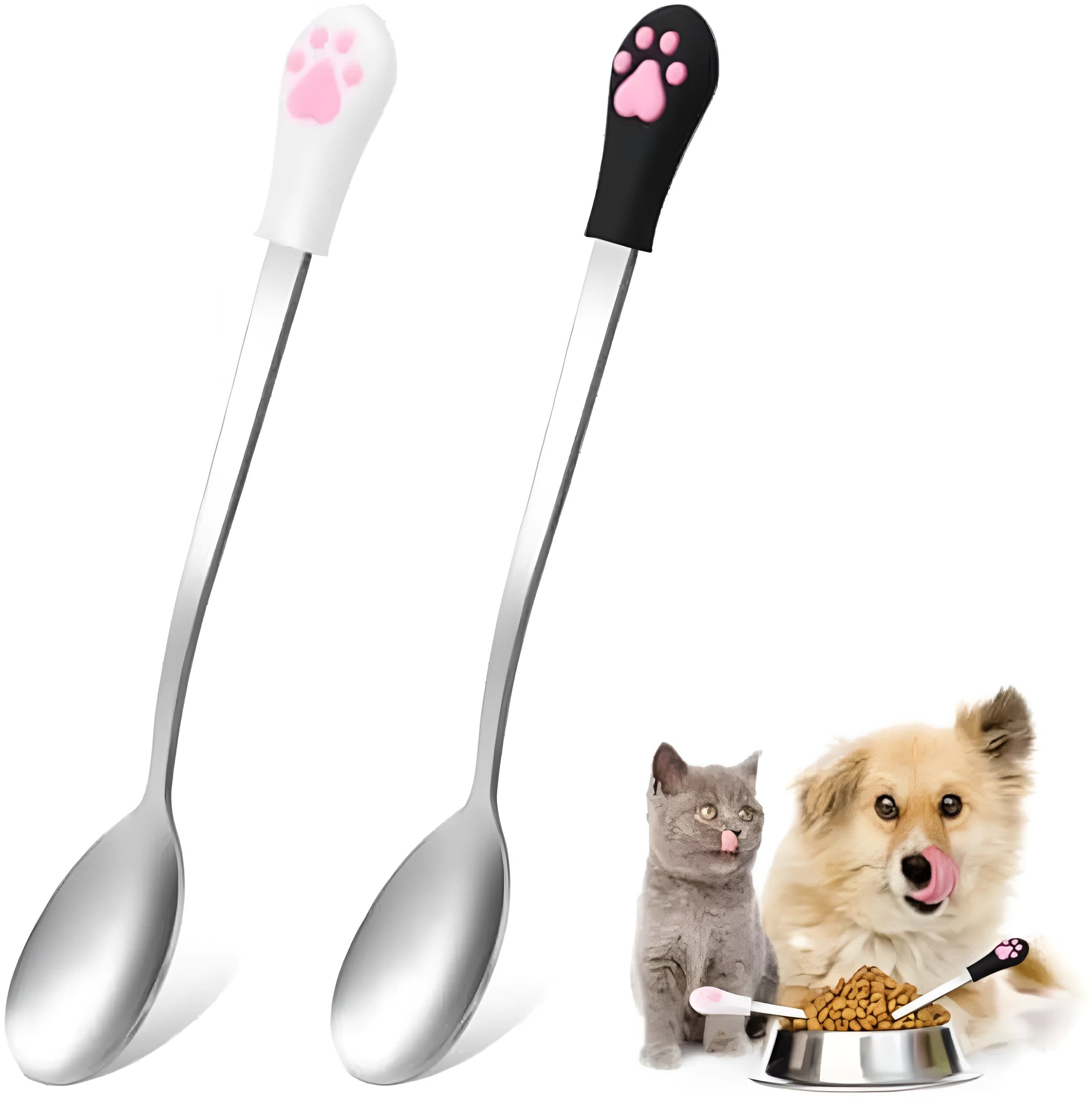 White and black pet food spoons with cat paw design and silicone handles