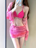 Women's blue high waist bikini four-piece swimsuit set with ruffle skirt