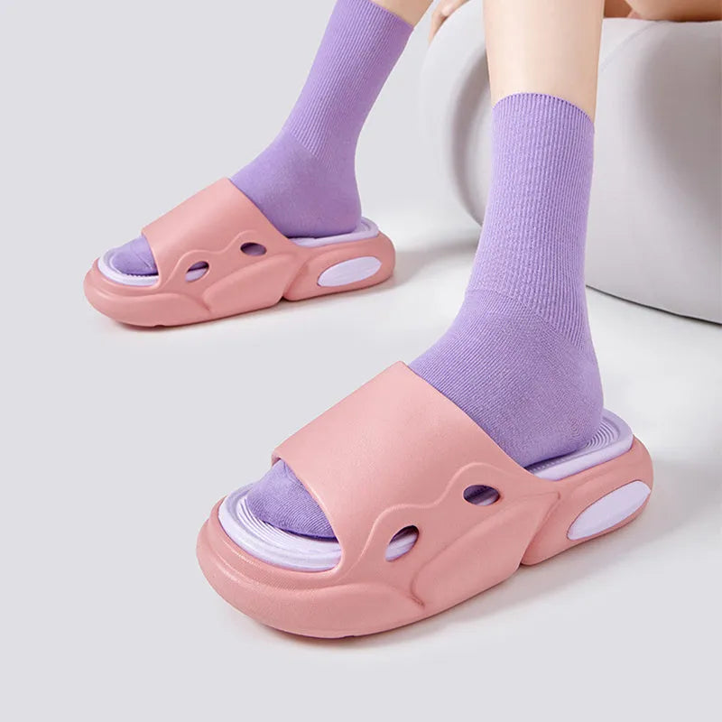 Two-colour thick-soled EVA slippers with leather lining in pink purple, white green, and black white colour options.