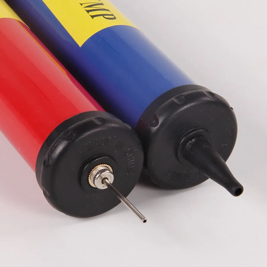 Manual high-pressure plastic pump for inflating basketballs, volleyballs, footballs and balloons in mixed colours.