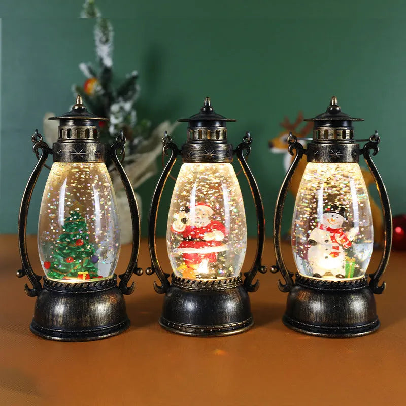 Crystal ball portable oil lamp Christmas decoration with light-emitting feature and snowman or elderly figure.