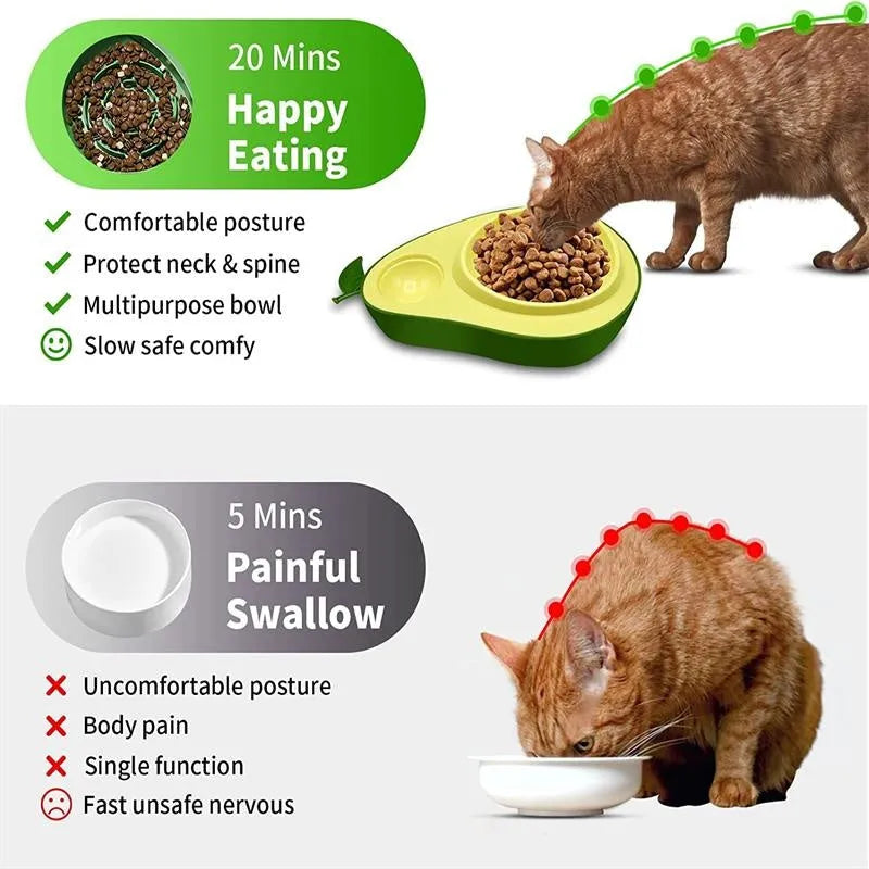 Avocado shaped automatic cat water dispenser and food feeder with slow bowl option