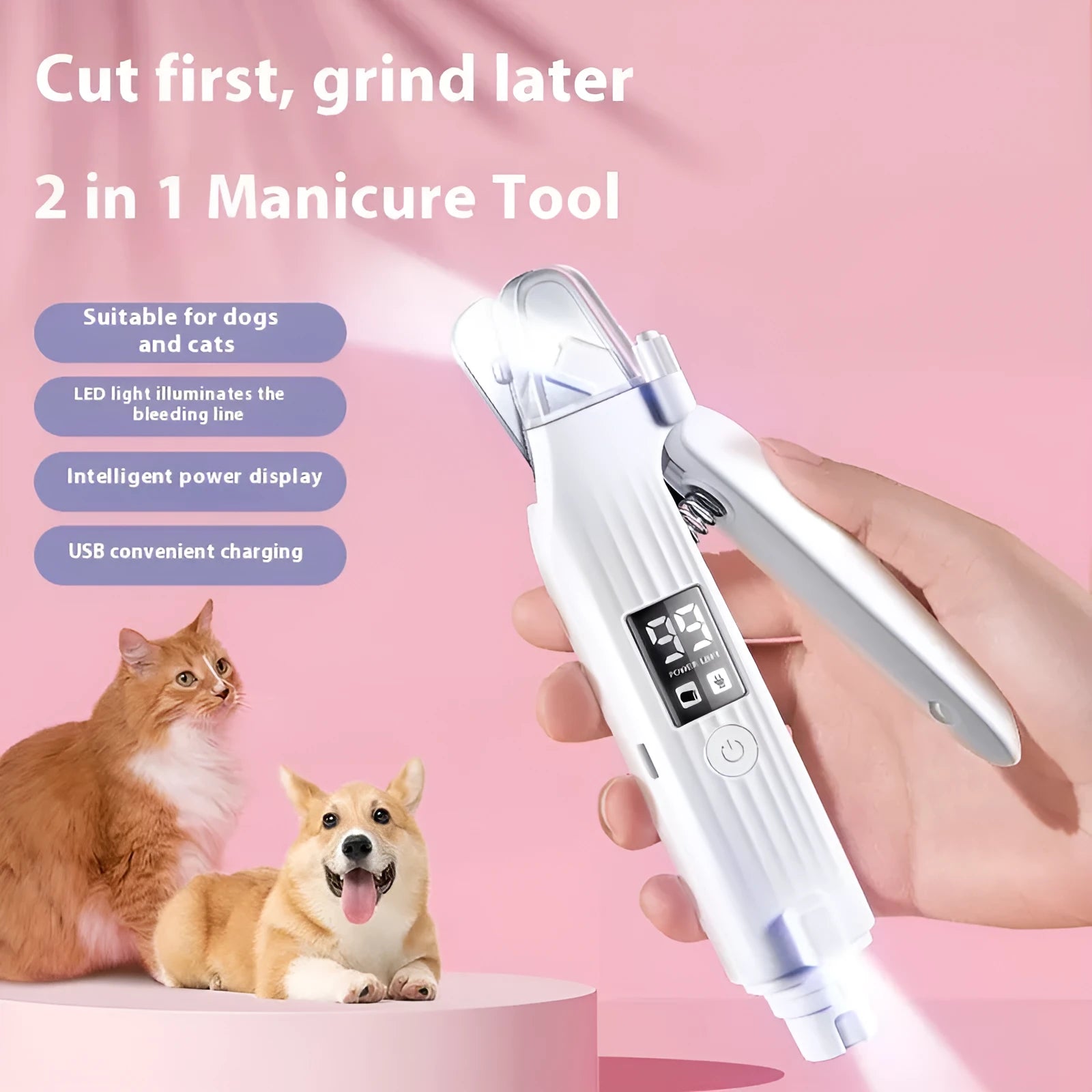 HZ8 White cordless dog nail clippers with LED light for pet grooming