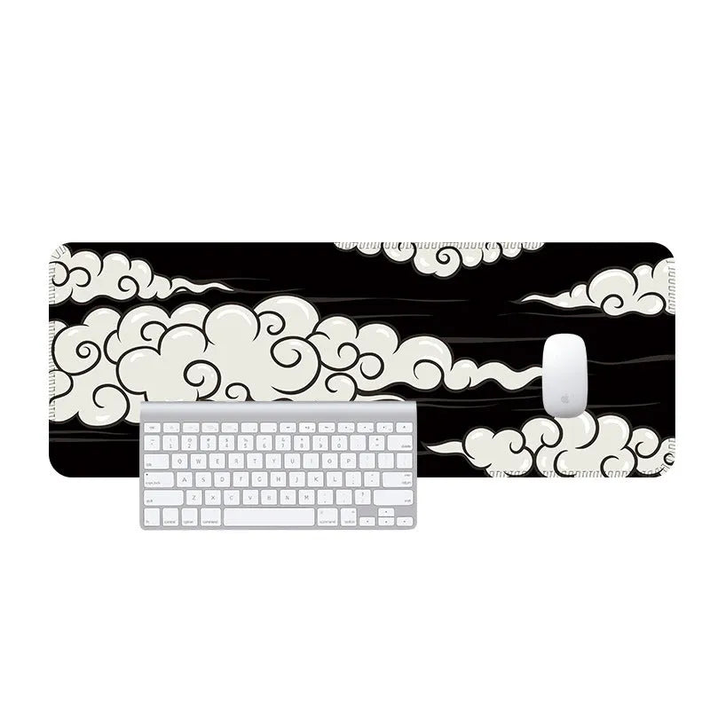 Large non-slip rubber desk mat with Japanese style graphic, shown on a wooden desk.