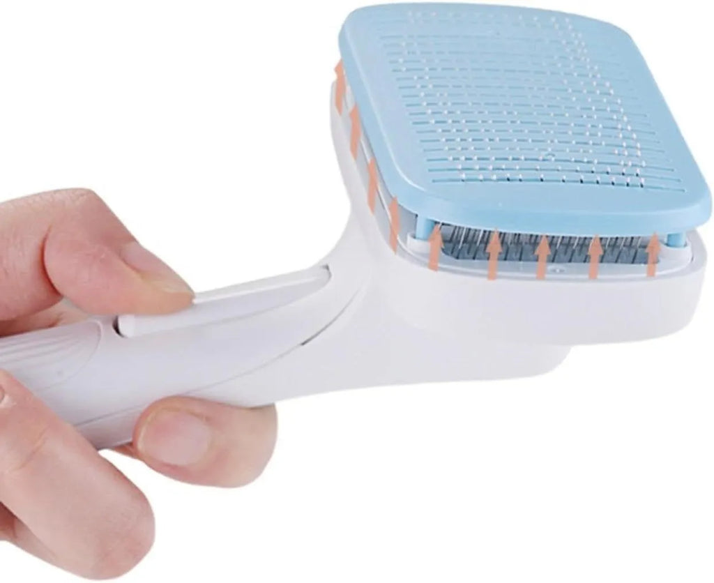 Automatic pet hair removal comb for dogs and cats in blue, showing one-click needle mechanism.