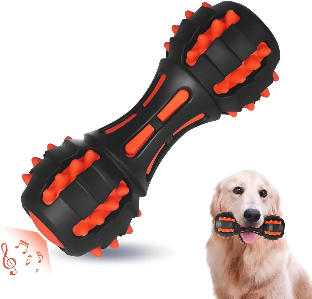 Red dumbbell-shaped durable rubber dog toy with squeaker for large breed aggressive chewers