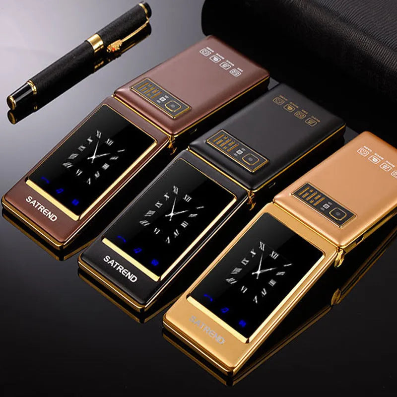 Dual screen flip phone with touch screen showing black, gold, and coffee colour options