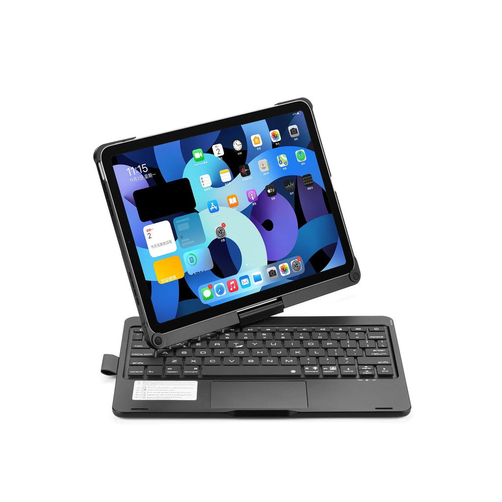 Silver rotating Bluetooth keyboard with backlit keys next to an iPad Pro.
