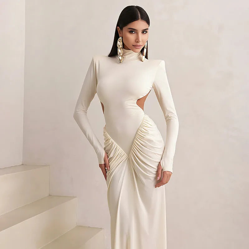 Women's long sleeve slim fit dress with high collar and pleated backless detail in solid colour