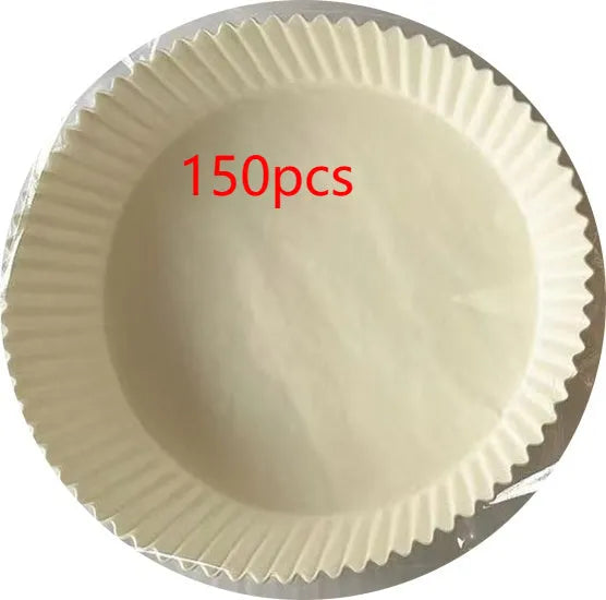 Round white disposable parchment paper liner for air fryer basket with raised edges.