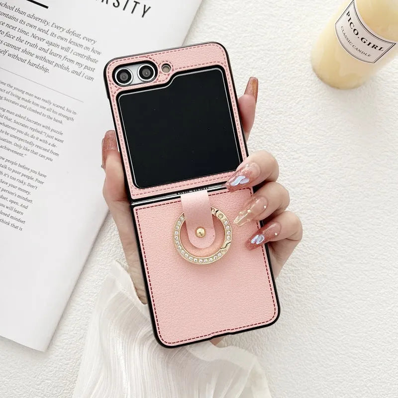 PU lychee leather folding phone case with ring holder for Samsung Galaxy Z Flip 3 4 5 6