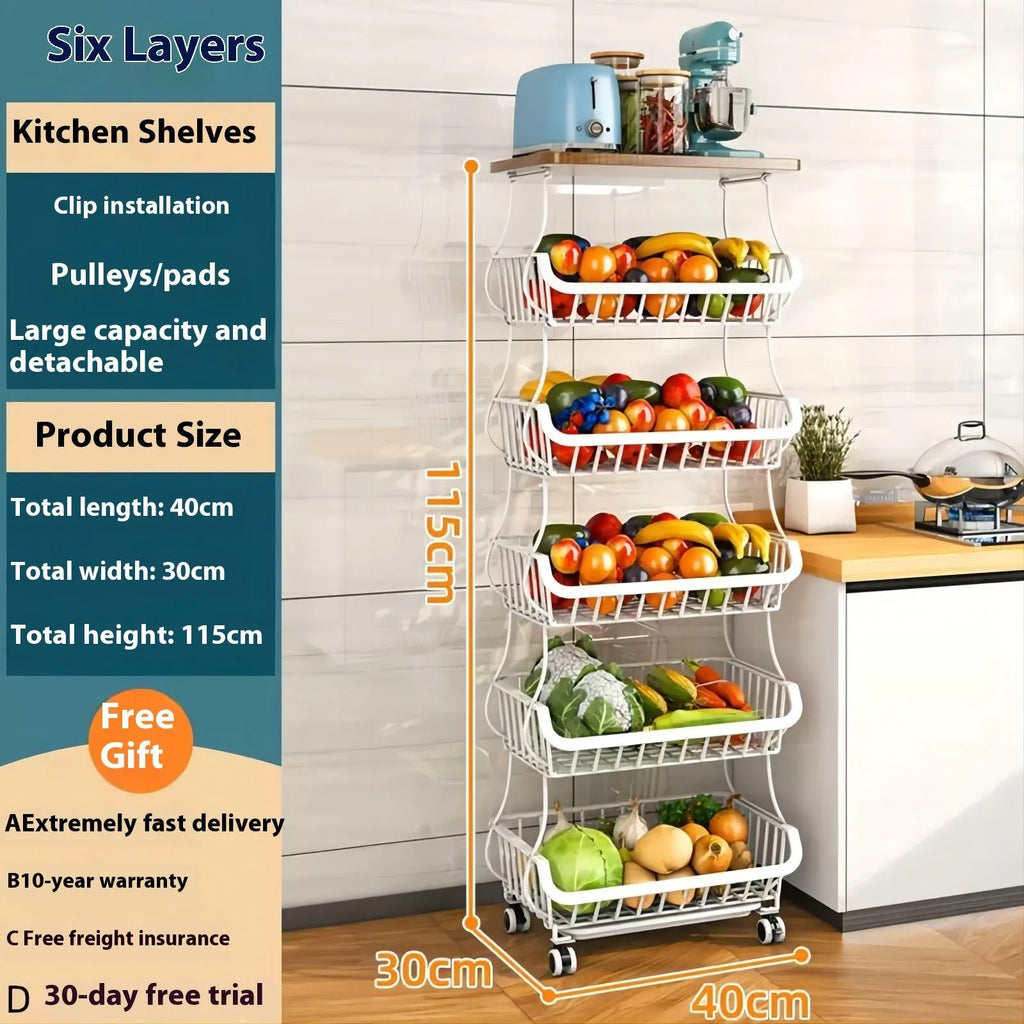 Black six-layer kitchen storage trolley with foldable design on floor