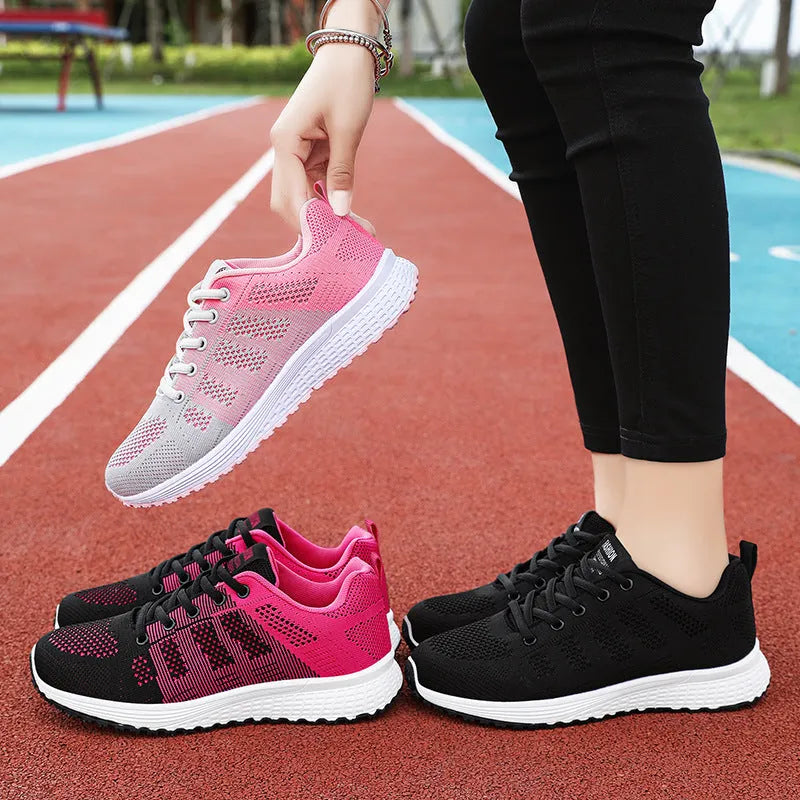 Women's flyknit running shoes with soft sole and flat heel in black, rose red, or grey pink colours