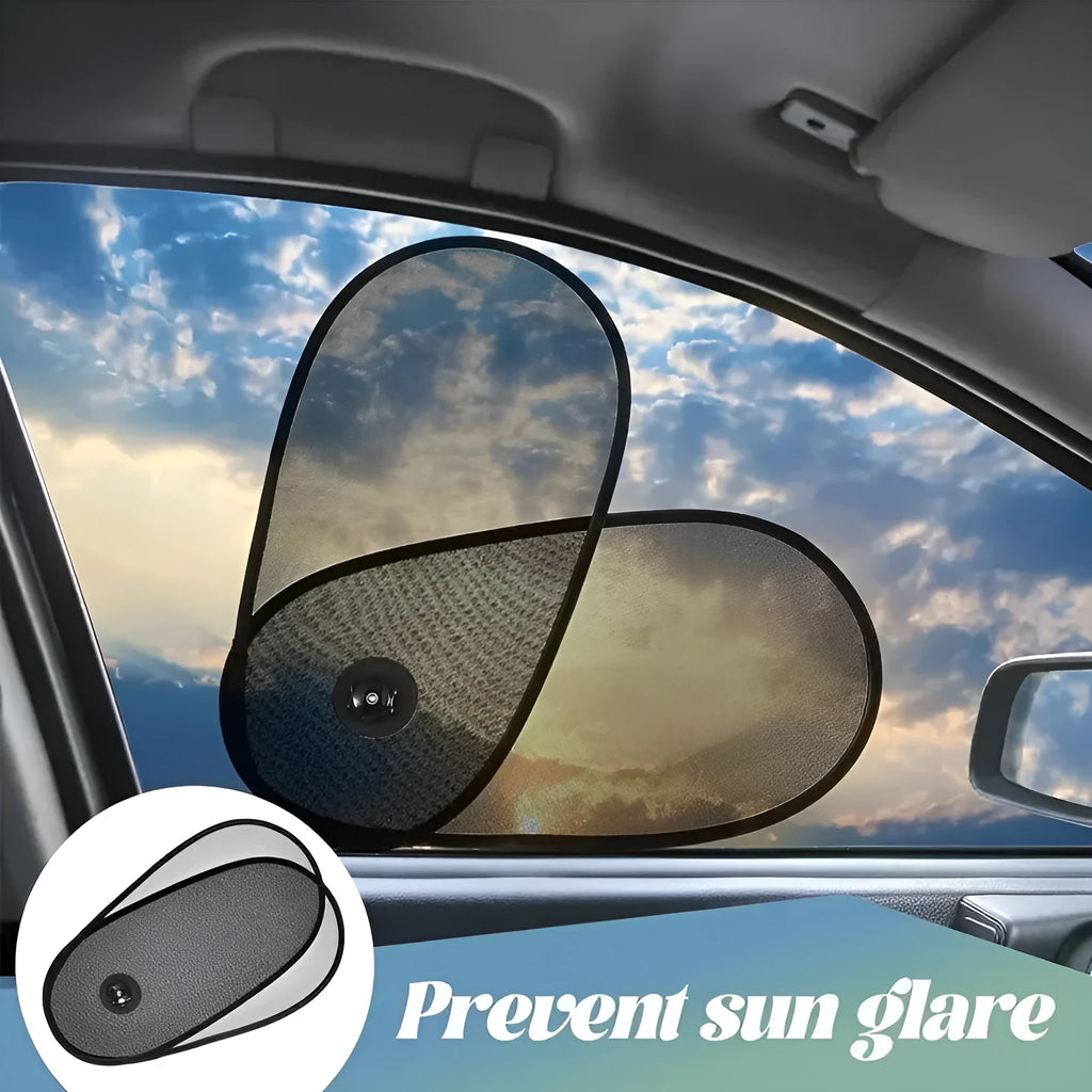 Black stretchy car side window shade with suction cups attached to glass, shown in a collapsed state.