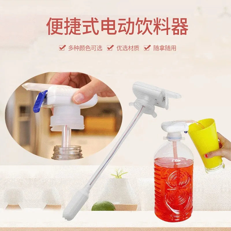 Manual beverage pump with long silicone straw and blue press handle on a bottle