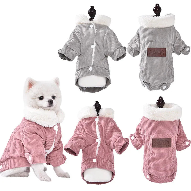 Lambswool fleece-lined pet vest for dogs and cats in grey or pink, available in six sizes